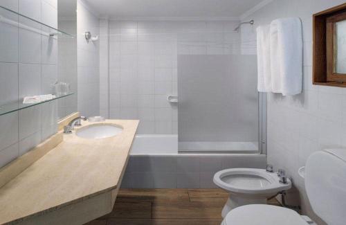 圣马丁德洛斯CABAÑA EN SAN MARTIN DE LOS ANDES- paihuen的浴室配有盥洗盆、卫生间和浴缸。