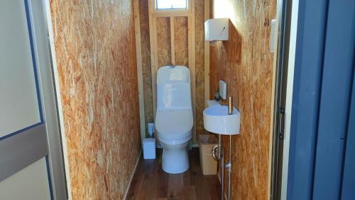 Mizunami里山グランピングむすびペット棟的一间带卫生间和水槽的小浴室
