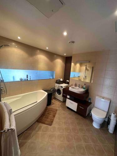 Petrikyula1-bedroom apartment near airport的带浴缸、卫生间和盥洗盆的浴室