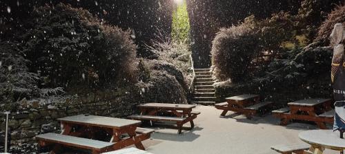 PenruddockThe Herdwick Inn的雪地里的一组野餐桌