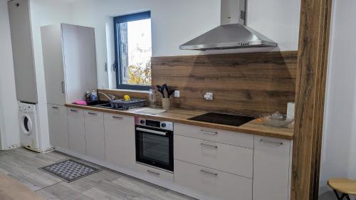 福龙河畔拉罗什Domaine de la Griffe - Appartement moderne à la montagne的厨房配有白色橱柜和炉灶烤箱。