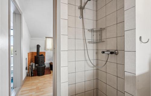 灵克宾Beautiful Apartment In Ringkbing With Wifi的带淋浴的浴室(带瓷砖墙)
