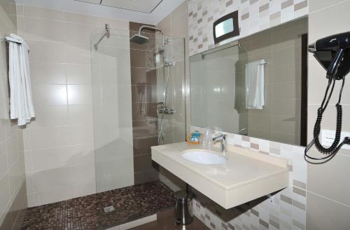 普拉森西亚普拉森西亚城市酒店的白色的浴室设有水槽和淋浴。
