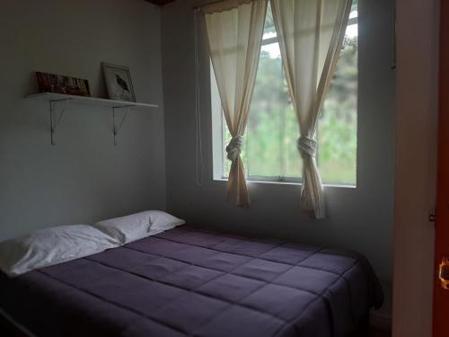奥克萨潘帕Cabañitas Shollet的卧室在窗户前配有一张床