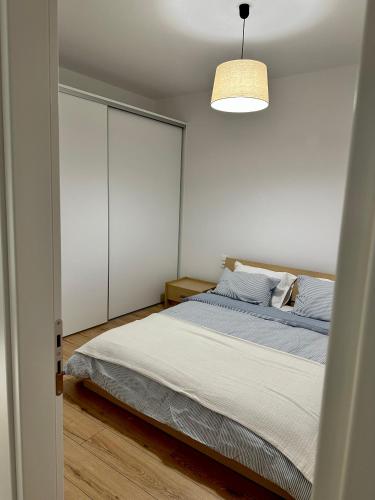 帕特雷City Centre Apartment的一间卧室配有一张床和吊灯