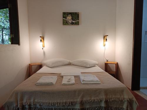 普拉亚多Aruá Observação de aves e natureza的一间卧室配有一张床,上面有两条毛巾