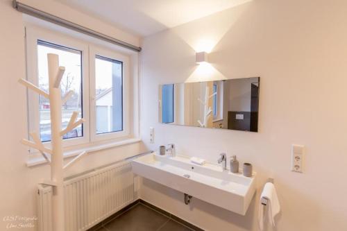 SimprechtshausenFerienhaus Taubenhof的一间带水槽和镜子的浴室以及窗户。