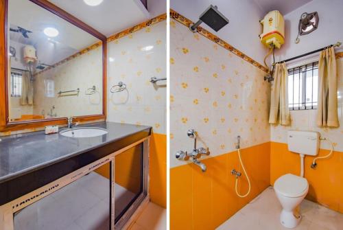 杜尔加布尔OYO Retro Residency的浴室设有水槽和卫生间,两幅图片