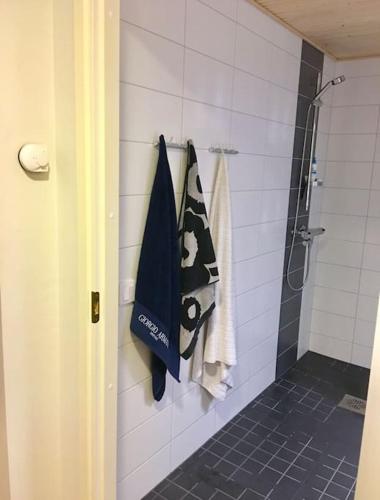 图尔库Cozy Top-Floor Studio in Turku - Near City Center的带淋浴和毛巾的浴室