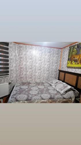 蓬塔阿雷纳斯Apartamento 410的一间卧室配有一张带灰色和白色毯子的床