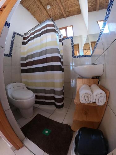 洛维托斯Lobitos Eco Lodge的一间带卫生间和水槽的小浴室