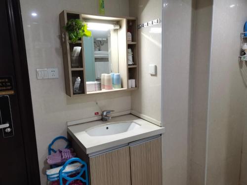 武汉武汉碧海飞鸿公寓 - 汉口核心同济武广协和豪华四人套房的一间带水槽和镜子的浴室