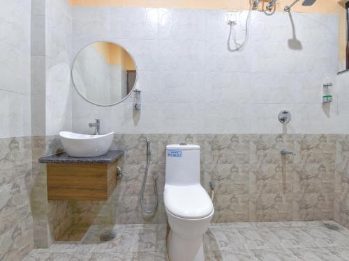 斋浦尔Hotel Vibha Palace的一间带卫生间、水槽和镜子的浴室