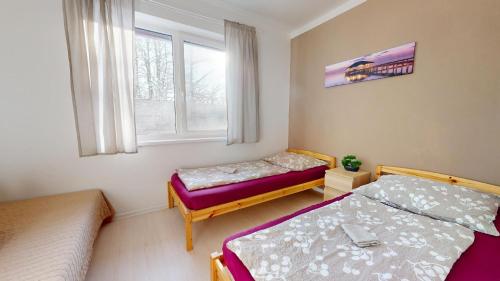 米洛维采Apartmán Esser的一间卧室设有两张床和窗户。