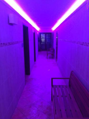 赛伦奇Meggyes Hotel的一间客房内带长凳的紫色走廊