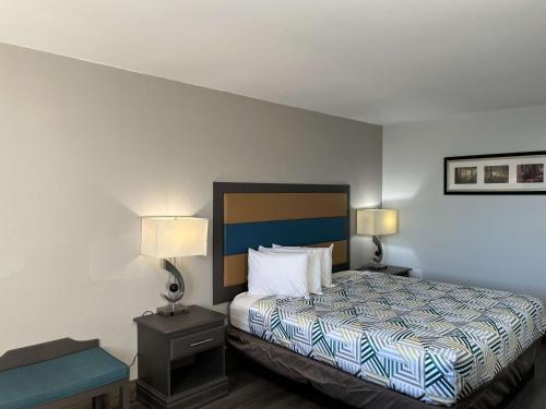 格林维尔Motel 6 Greenville, NC ECU Medical Center的酒店客房,配有一张带两张桌子和两盏灯的床。
