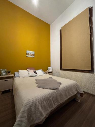 蒙得维的亚Expreso terminal的一间卧室设有一张黄色墙壁的大床