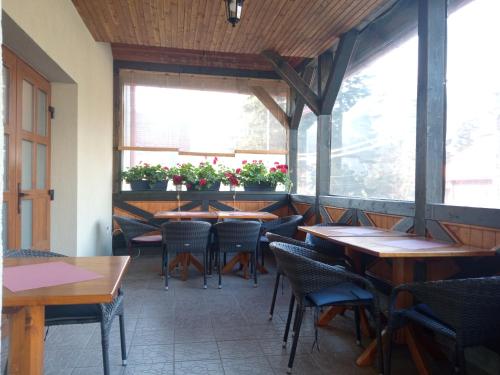 伯伊莱图什纳德Villa Atriolum的餐厅设有木桌、椅子和窗户。