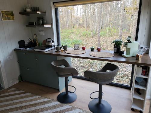 Ozola stāsts atpūtas namiņš的厨房配有柜台,窗户前设有两个凳子