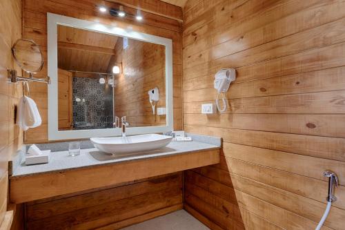 丹德利Stone Wood Jungle Resort, Dandeli的一间带水槽和镜子的浴室