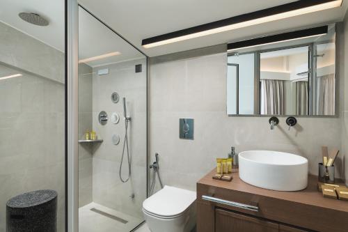 埃亚玛琳娜奈奇多Elia Agia Marina Resort的浴室配有卫生间、盥洗盆和淋浴。