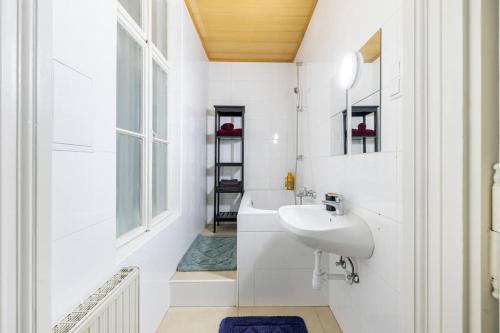 维也纳Charming spacious apartment的白色的浴室设有水槽和窗户。