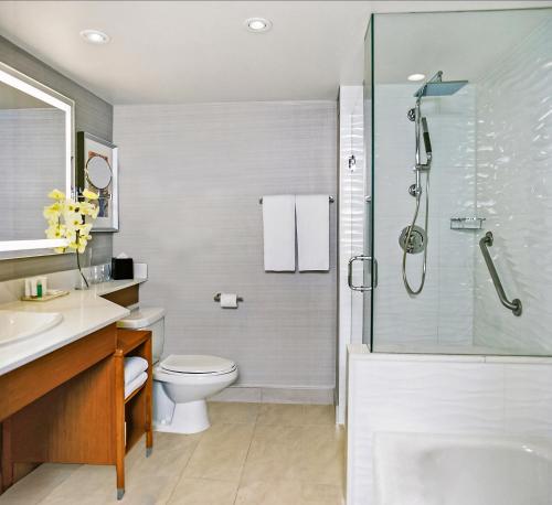 多伦多多伦多泛太平洋酒店的带淋浴、卫生间和盥洗盆的浴室