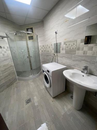 阿布扎比Private Studio Room的带淋浴、盥洗盆和卫生间的浴室