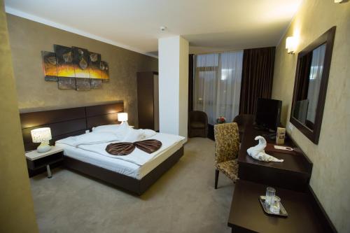 克拉约瓦梅利沙酒店的酒店客房设有床和客厅。