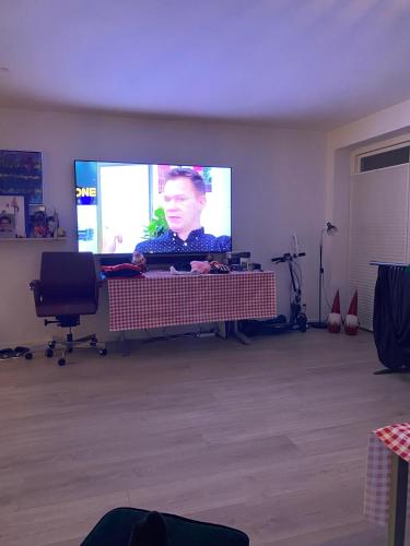 措斯楚斯Musholmvej的客厅配有电视和带电脑的书桌