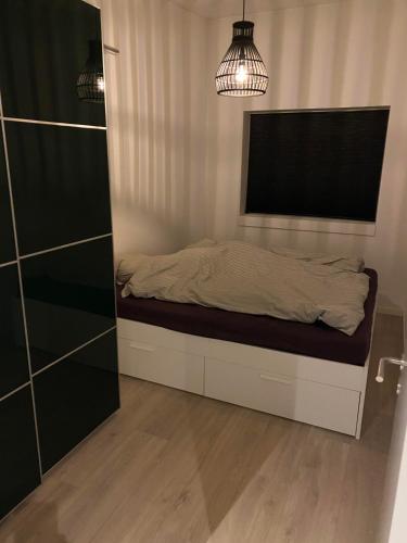 措斯楚斯Musholmvej的一间卧室配有一张床和吊灯