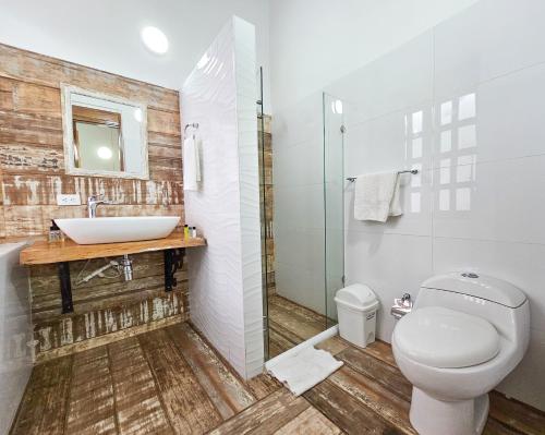 卡利La Mercedes Boutique Hostal By MH的浴室配有卫生间、盥洗盆和淋浴。