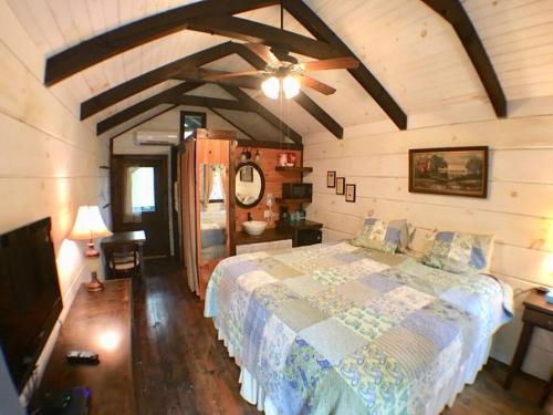 赛维尔维尔Tiny Home Cottage Near the Smokies #5 Fleur的一间卧室配有一张床和吊扇