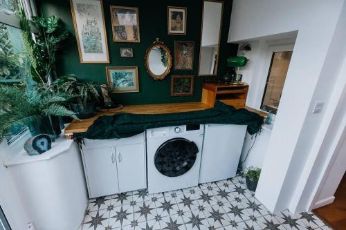 阿尔弗斯顿Unique Cottage in the heart of Ulverston的绿色墙壁内的洗衣机
