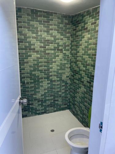 里奥阿查吊床 - 哈玛克斯旅馆的一间带卫生间的浴室和绿色瓷砖墙