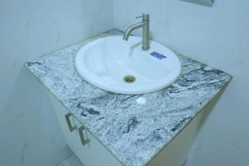 贾夫纳Lone Star Residence的浴室大理石台面上的白色水槽