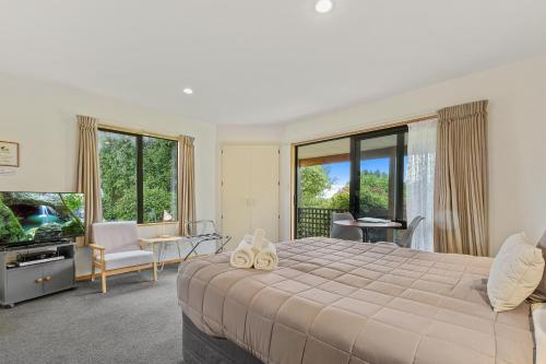 汉默温泉高山花园汽车旅馆的一间带大床的卧室和一间客厅