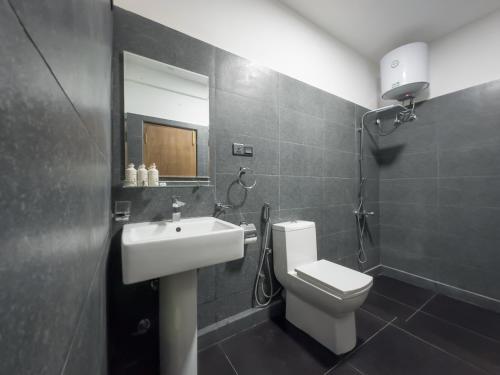 努沃勒埃利耶The Mount View Single Tree Hotel的一间带水槽、卫生间和镜子的浴室