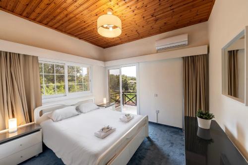 普拉特斯Platres Forest Panorama Cottage的卧室设有白色大床和窗户。