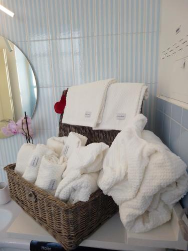 Villanova dʼAstiLovely apartment with terrace by Alterego的浴室内一个柜台上的毛巾篮子