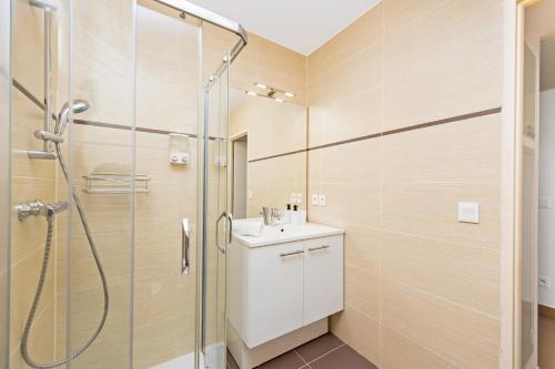 博索莱伊Vue Monaco & Tour Odéon, Terrasse, Parking Gratuit的带淋浴和盥洗盆的浴室