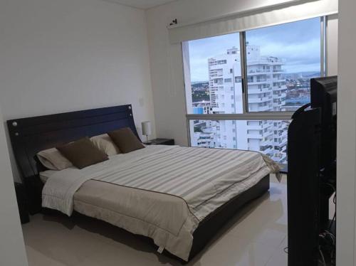 卡塔赫纳Lindo apartamento con excelente vista Bahía的一间卧室设有一张大床和一个大窗户