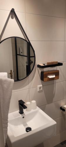 弗莱堡Kreuzblume Hotel & Weinstube的浴室设有白色水槽和镜子