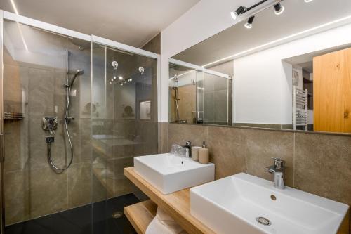 卢松Pardellerhof Appartment Runcada的一间带水槽和淋浴的浴室
