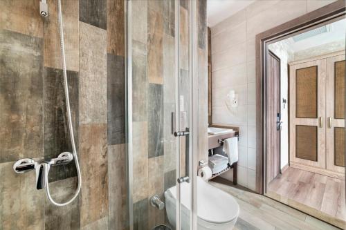 伊斯坦布尔Castle Franco Suites的一间带卫生间和玻璃淋浴间的浴室