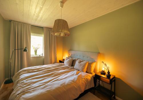 艾尔姆胡尔特Newly built cottage with jacuzzy and sauna的一间卧室设有一张大床和大窗户