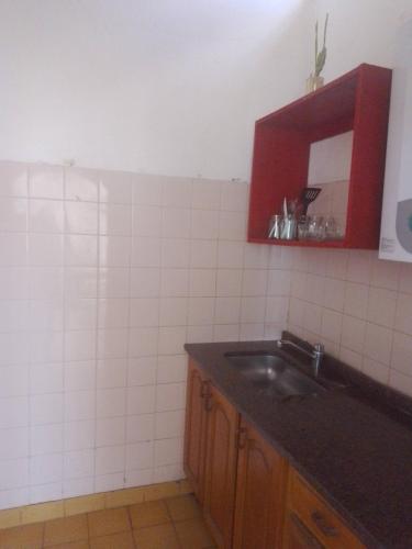 科尔多瓦Hostel Alto Alberdi的一个带水槽和红色橱柜的厨房