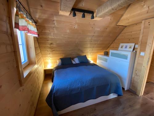 利普托斯基米库拉斯Chata Dante的小木屋内一间卧室配有一张蓝色的床