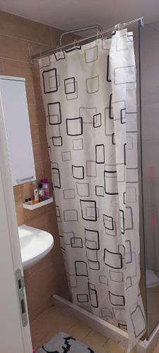 马夫罗沃Apartment Invictus Mavrovo的一个带水槽的浴室内的淋浴帘