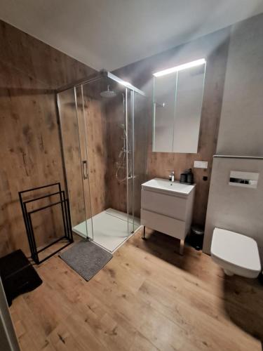 奥斯特罗达Apartament Drwęcka的一间带玻璃淋浴和水槽的浴室